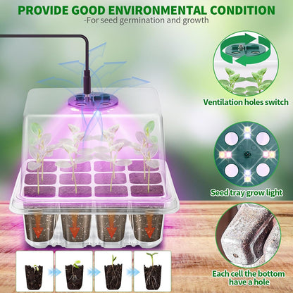 Seed Starter Tray with Plant Light, 2 Pack Grow Lights for Seed Starting Kit with Humidity Domes, Timing Controller Adjustable Brightness for Greenhouse Propagator Station Growing Transparent