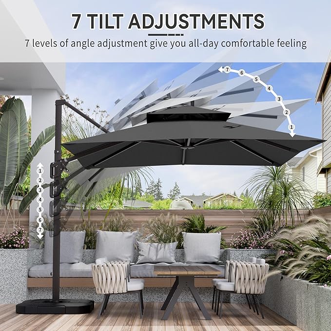10' X 10' Cantilever Patio Umbrella Outdoor Heavy Duty Double Top Windproof Square Offset Umbrellas with 360-degree Rotation for Pool Deck Backyard, Grey