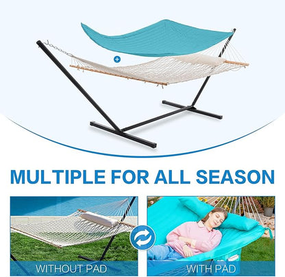 PNAEUT Double Hammock with Stand for Outside, Rope Hammocks with Polyester Pad 2 Person, 12ft Heavy Duty Stand, Extra Pillow, Storage Sidebag, Max 475 lbs Capacity (Lake)
