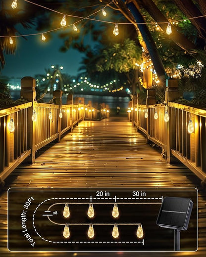 Brightown 30FT Solar String Lights Outdoor with 15 Shatterproof Bulbs, 8 Light Modes Vintage Hemp Rope LED Patio Lights, Waterproof Hanging Lights for Porch Garden Café Bistro Decor, Warm White