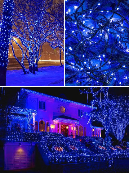 2 Pack 200 LED Solar String Lights Outdoor, Solar Christmas Lights with 8 Lighting Modes, Waterproof Green Wire Solar Tree Lights for Outside Xmas Wedding Party Garden Patio Yard Decorations (Blue)