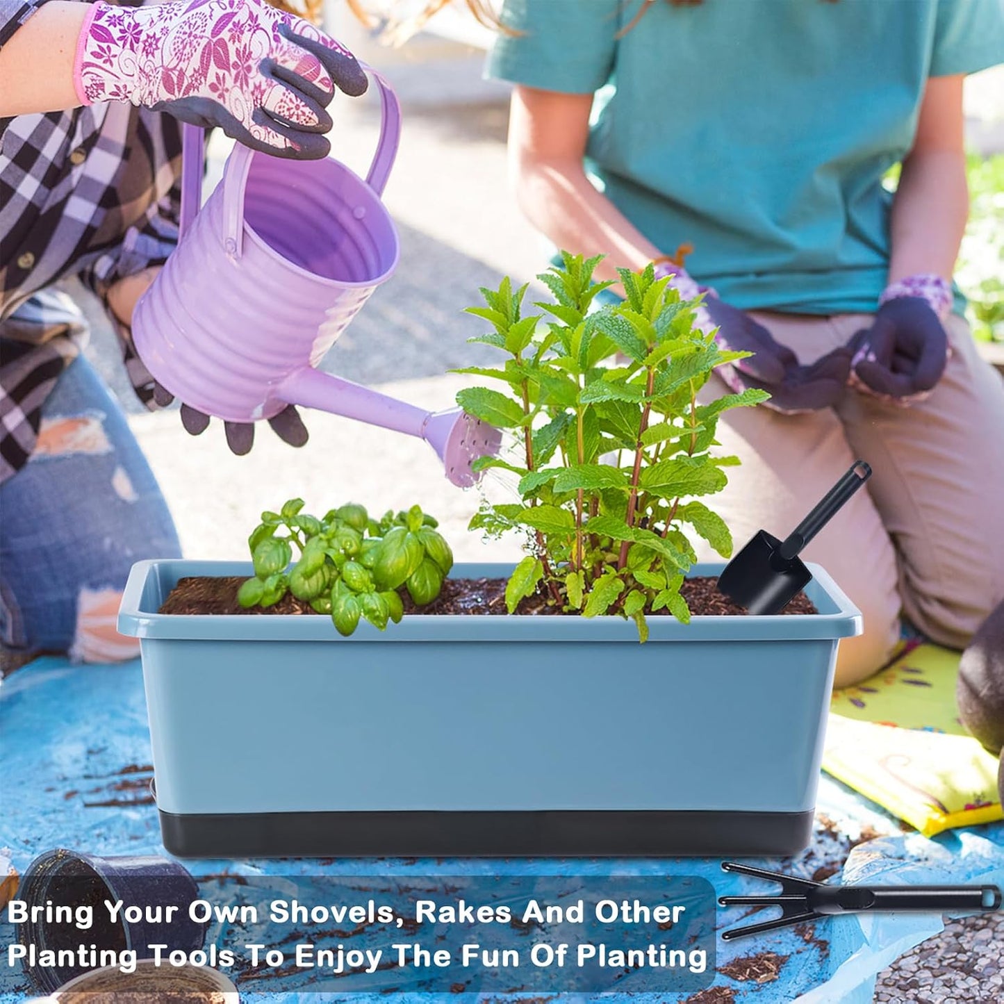 Window Box Planter 8 Pcs, 17 Inches Rectangle Flower Pots with Drainage Holes and Trays, Vegetable Planters for Windowsill Patio Garden Balcony Home Porch Yard Indoor Outdoor (Blue)