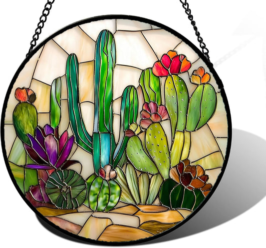 Stained Glass Window Hanging, White Green Cactus Suncatcher Diamond Glass Panel Hangings Sun Catchers Decor for Birthday for Women, Men, Wife, Aunt, and Mom 9.8 in