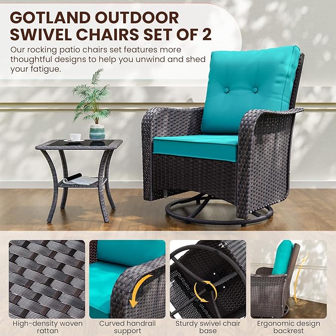 Gotland Outdoor Swivel Chairs Set of 2, 3 Pieces Patio Furniture Set with Thick Cushion, Wicker Rocking Patio Chairs Set of 2, Patio Bistro Set with Double-Layer Coffee Table for Balcony Porch Blue