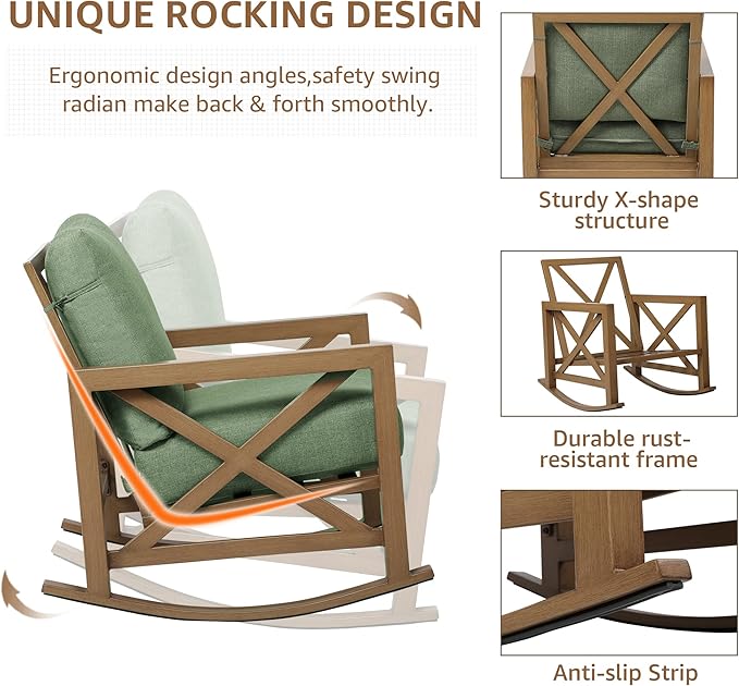 NATURAL EXPRESSIONS Rocking Bistro Set, 3 Piece Outdoor Patio Conversation Furniture Set with 2 Rockers and 1 Metal Coffee Table with Thick Cushions for Backyard,Porch,Poolside,300lbs