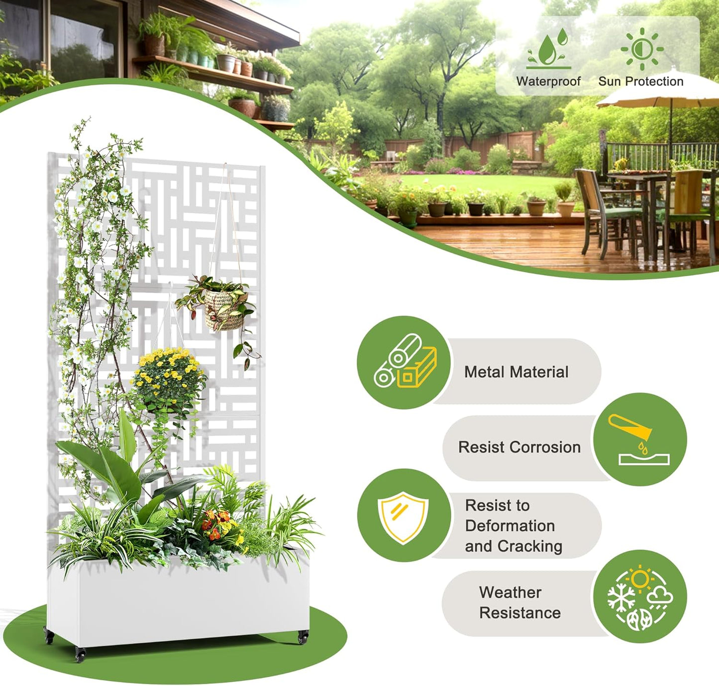 FENCY Metal Raised Garden Bed with Wheels and Trellis,73"x35"x16" Planter Box for Climbing Plants, Vegetables & Vines, Features Privacy Screen and Drainage Holes (White-Geometric Lattice)