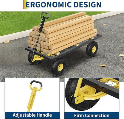 GarveeLife 900 LBS Garden Cart on Wheels with Adjustable Handles, Heavy Duty Steel Garden Wagon with Removable Mesh Sides to Convert into Flatbed, Wagon Cart for Lawn Farm Yard