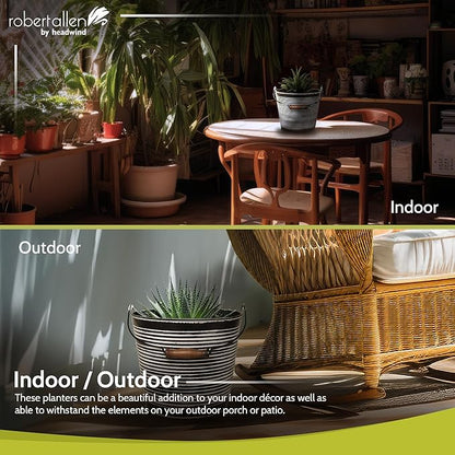 Headwind Robert Allen Vintage Ribbed Metal Planter with Handle, 10-Inch, Charcoal – Lightweight Indoor/Outdoor Flower Pot with Drainage Hole