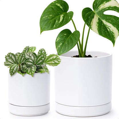 D'vine Dev 4.7 Inch & 6.5 Inch Ceramic Planter Pots for Plants with Drainage Hole and Saucer, Small Plant Pots Set, White, 94-G-S-1