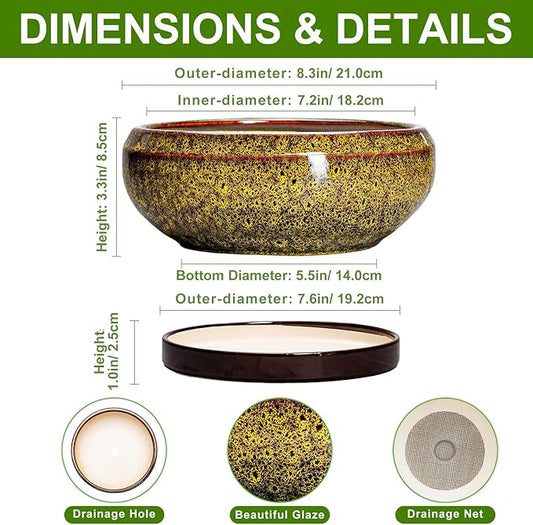 Succulent Planters 8 Inch - Ceramic Bonsai Pots with Drainage Hole and Tray, Shallow Plant Pot Indoor Outdoor, Round Succulent Pots, Planter Bowl, Porch Decor, Housewarming Gifts, Yellow