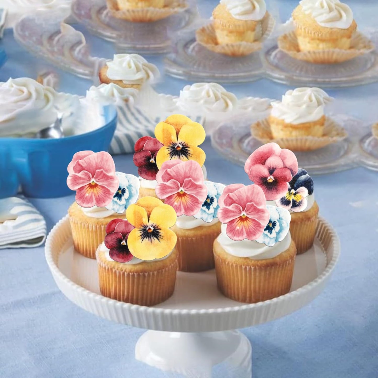 60 PCS Edible Flowers Cake Toppers Wafer Paper Flowers Cupcake Toppers Pansies Wedding Bridal Engagement Edible Flower Cake Decorations for Baby Shower Birthday Party Cake Food Decorations Supplies