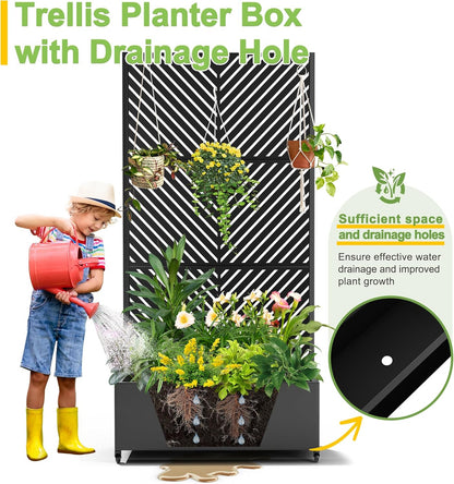 FENCY Metal Raised Garden Bed with Wheels and Trellis,73"x35"x16" Planter Box for Climbing Plants, Vegetables & Vines, Features Privacy Screen and Drainage Holes (Black-Arrow)