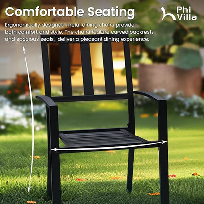 PHI VILLA 3 Piece Outdoor Bistro Set for 2, 22" Metal Steel Square Table with Umbrella Hole & Stacking Iron Chairs, Small Furniture Conversation Set for Porch, Deck, Balcony,Patio, Yard - Black