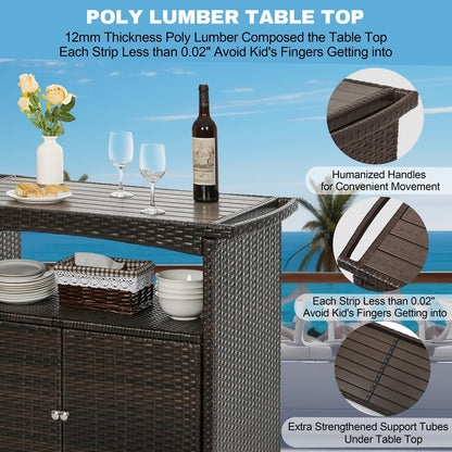 Outdoor Bar Cart with Storage Cabinet Patio Wicker Sideboard Buffet Cabinet Prep Table Outside Kitchen Serving Cart with Rolling Wheels & Handle Rattan Portable Bar Table with Shelves Doors Brown