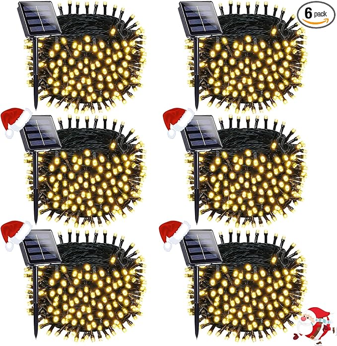 OZS 6 Pack 480LED Solar Christmas String Lights Outdoor, Waterproof 8 Modes Solar Tree Light, Green Wire Christmas Lights Outdoor for Garden, Party, Wedding, Christmas Decorations (Warm White)