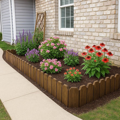 Wood Fence Border for Garden Beds – 9.8" H x 47" L Wooden Landscape Edging Panels, Rustic Decorative Outdoor Divider for Lawn, Path, and Yard Design (3-Pack, Covers 11.75 Ft)