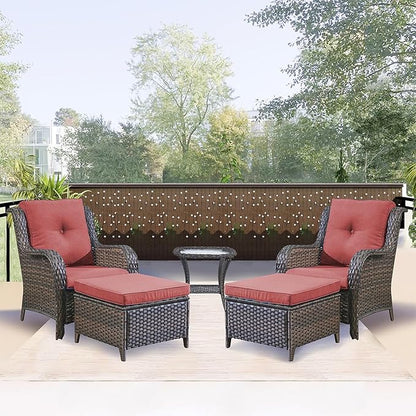 Outdoor Patio Furniture Chairs Set - 5 Piece Wicker Rattan Patio Sectional Conversation Sets with 2 Armrest Chairs,2 Ottomans and 1 Side Table for Porch Deck Balcony Backyard Garden(Brown/Red)