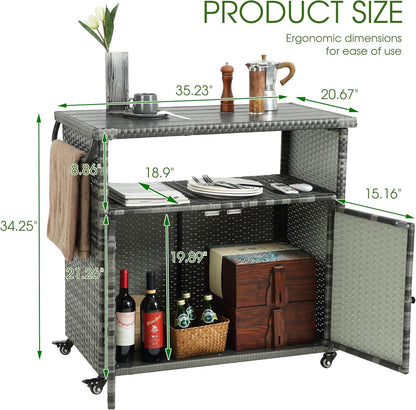 HOMEFUN Outdoor Grill Carts with Storage Cabinet - Outside Bar Cart with Wheels Wicker Patio Kitchen Island Table Weatherproof Prep Stand, Grey