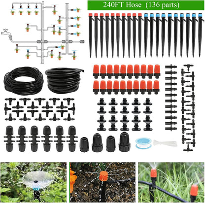 240FT Drip Irrigation System Kit, Automatic Garden Watering Misting System for Greenhouse, Yard, Lawn, Plant with 1/2 inch Hose 1/4 inch Distribution Tubing and Accessories