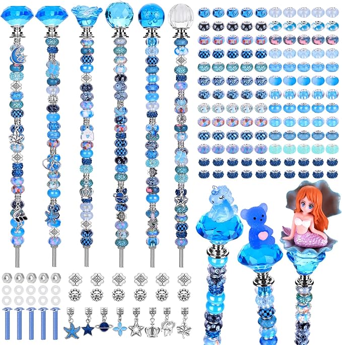 158 Pcs DIY Fairy Wand Garden Stakes Kit,Multiple Color Scheme European Beads Crystal Diamond Tops and 12 or 10 Inch Threaded Rods,Stainless Steel Stakes with Diamond Toppe(Aqua)