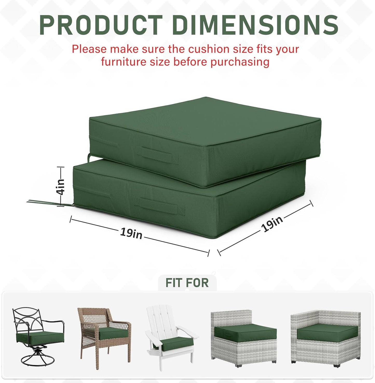Patio Chair Cushions 19 X 19 X 4 Inch Waterproof Outdoor Seat Cushions for Patio Furniture, Outdoor Sofa Couch Pads with Ties & Handle, Set of 2, Green