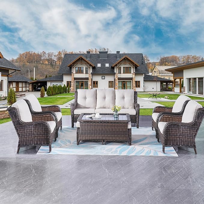 Rilyson Wicker Patio Furniture Chairs Set - 8 Piece Rattan Outdoor Patio Sectional Conversation Sets with 1 Sofa,4 Armrest Chairs,1 Coffee Table and 2 Ottomans for Porch Deck Garden(Brown/Beige)