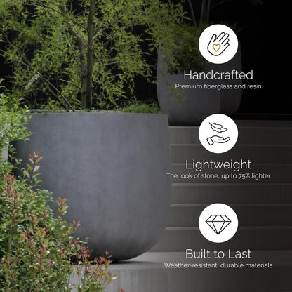 Mondo Large Planter – Concrete Stone Finish – Fiberglass Indoor/Outdoor and Weather-Resistant Round Planter (39.4" D x 40" H Exterior, 37.8" D x 39.4" H Interior)