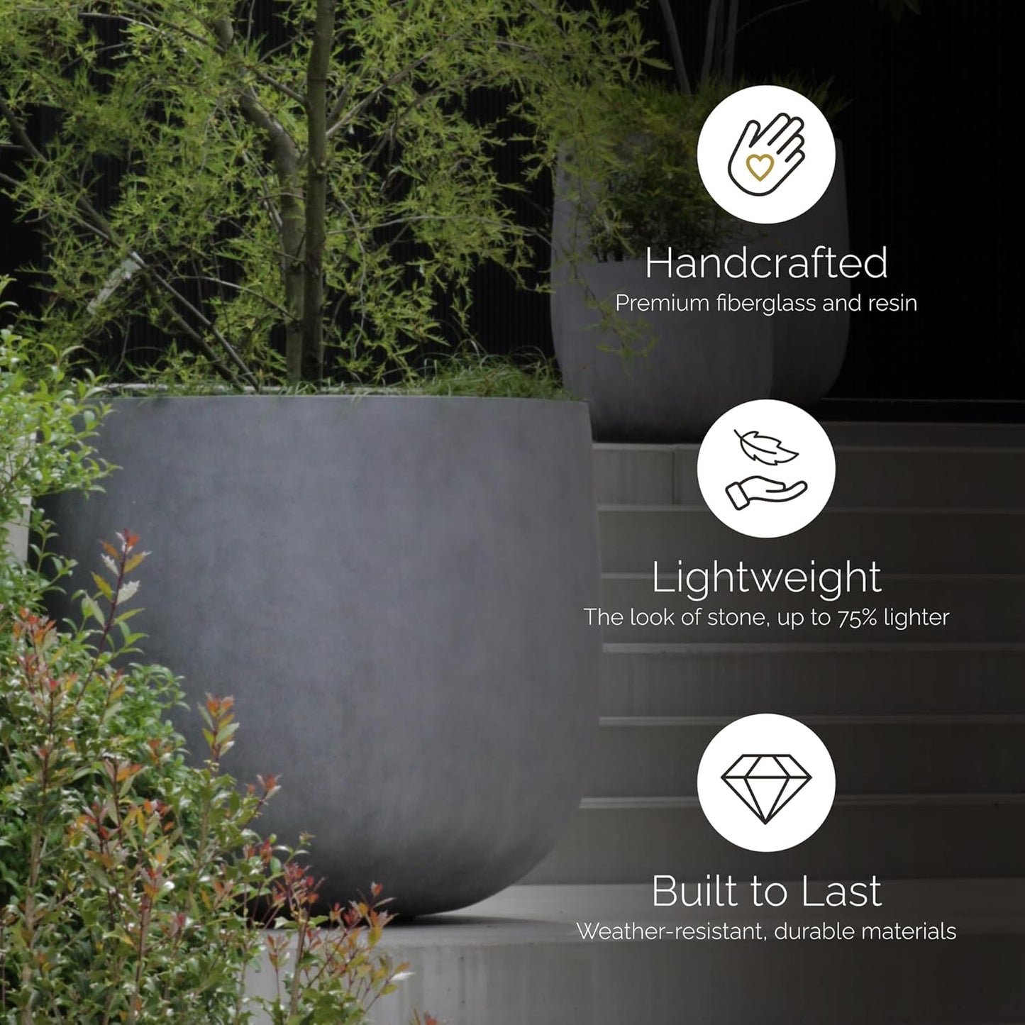 Mondo Large Planter – Sand Stone Finish – Fiberglass Indoor/Outdoor and Weather-Resistant Round Planter (39.4" D x 40" H Exterior, 37.8" D x 39.4" H Interior)