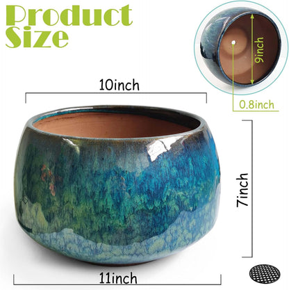 Reactive Glaze Peacock Color 11" Ceramic Plant Pot, Large Blue Green Planter Artisan Flower Pot with Drainage Hole, Breathable Planter for Indoor Outdoor Plants