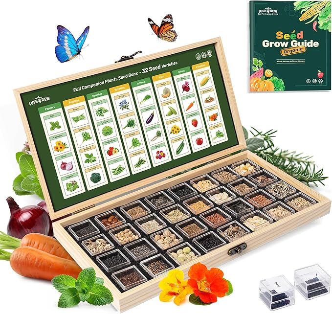 Lush&Dew Companion Plants Heirloom Seed Bank, Gardening Gifts for Women & Men, 32 Varieties 30,000+ Non-GMO Vegetable Seeds for Planting in Garden Bed Greenhouse, Survival Seed Kit for Food Supply
