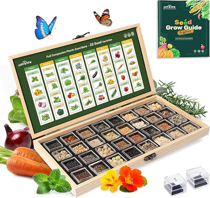 Lush&Dew Companion Plants Heirloom Seed Bank, Gardening Gifts for Women & Men, 32 Varieties 30,000+ Non-GMO Vegetable Seeds for Planting in Garden Bed Greenhouse, Survival Seed Kit for Food Supply