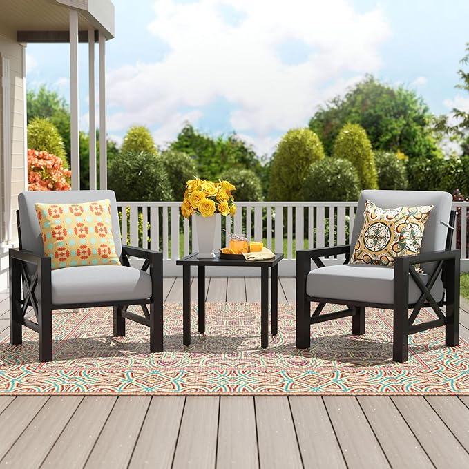 NATURAL EXPRESSIONS 3-Piece Patio Bistro Set, Patio Conversation Furniture Set with 2 Chairs and 1 Metal Coffee Table, 6.5'' Thick Olefin Cushions for Backyard,Porch,Poolside