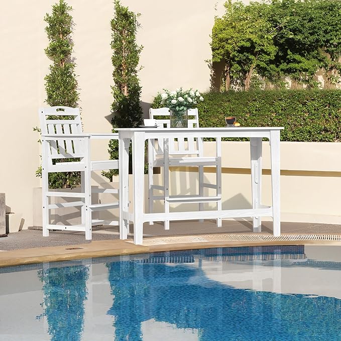 HDPE Outdoor Patio Bar Set with High Top Table and 2 Adirondack Chairs, All-Weather Bar Height Outside Rectangular Pub Furniture for Bistro, Garden, Backyard, Deck | 3-Pieces, White