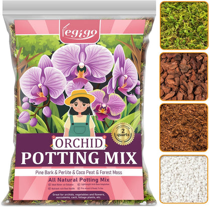 Legigo 2 QT Orchid Potting Mix- Natural Orchid Soil Mix for Repotting with Moss, Pine Bark, Coco Peat and Perlite, Enhanced Drainage Orchid Bark Potting Mix Repotting Kit for Indoor Plant Growth