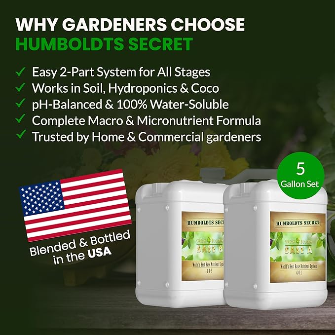 Humboldts Secret Base A & B Liquid Hydroponic Fertilizer | Complete Hydroponic Nutrients for Indoor and Outdoor Plants | Supports Healthy Vegetative Growth and Flowering Stage | 5 Gallon