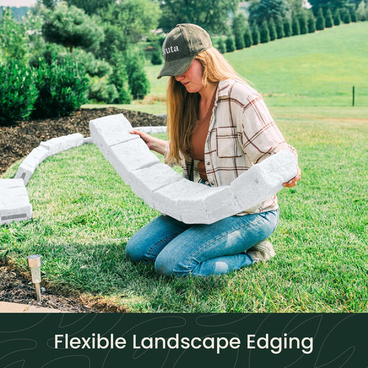 Beuta Landscape Edging | Garden Edging Border | Faux Stone Blocks for Lawn Edging, Flower Beds & Yard Edging – 10 Pack | Each Section Has 6 Blocks 48" L x 4" W x 6.5" H | 20 Spikes | Limewash