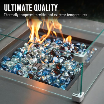 Skyflame 10-Pound Blended Fire Glass Diamonds for Fire Pit Fireplace Landscaping, 1/2 Inch Caribbean Blue, Crystal Ice, Amber Luster