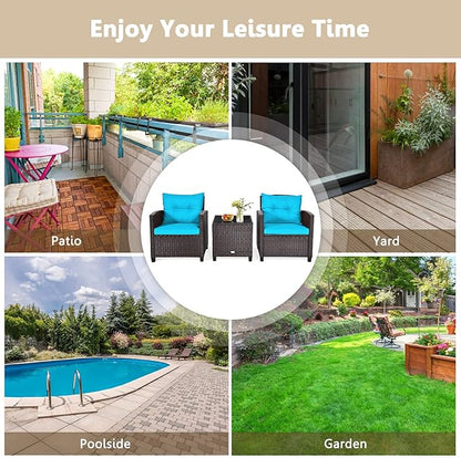 KOTEK 3 Piece Patio Furniture Set, Outdoor Conversation Set with Washable Cushions & Tempered Glass Tabletop, PE Rattan Wicker Bistro Set for Porch, Garden, Balcony (Turquoise)