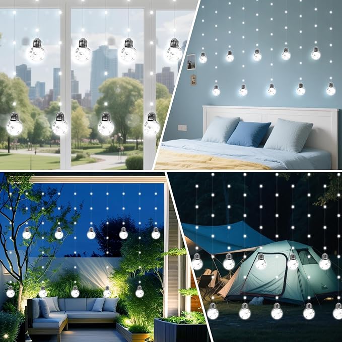 LitHome Christmas Wishing Ball Curtain Lights, 240 LED Fairy Lights Curtain with Remote, Battery Powered USB Globe Hanging String Light Silver Wire for Bedroom Windows Indoor Diwali Decoration (White)
