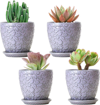 4 Inch Retro Ceramic Planter Set of 4 with Drainage Hole and Saucer for Plants, Indoor-Outdoor Small Garden Pots for Succulent, Herb and Flower (Fits Inner Pots Up to 3 Inch, Retro Purple)