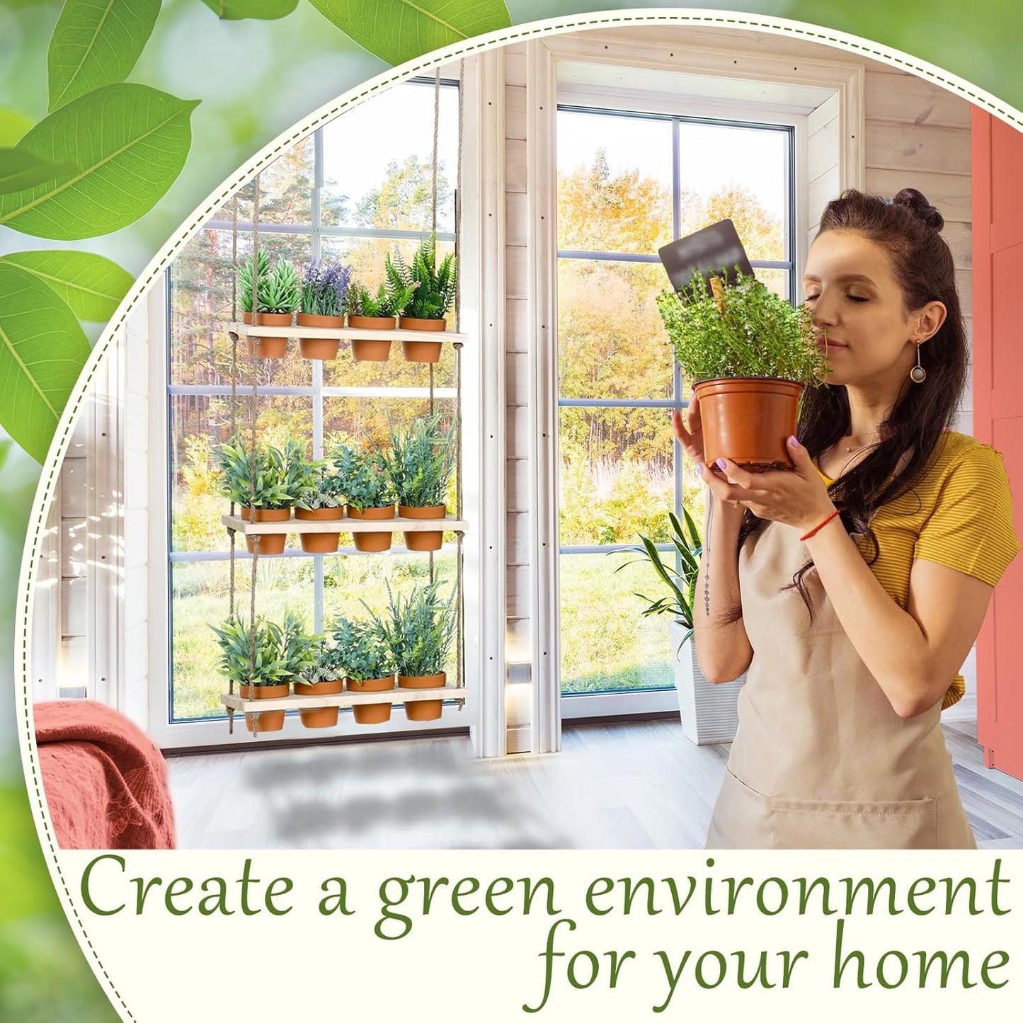 3 Tiered Hanging Herb Planters Hanging Herb Garden Wall with 12 Pcs Nursery Pot Wood Vertical Window Plant Shelf with Holes and Rope Plastic Flower Pots Spring Garden Indoor Kitchen