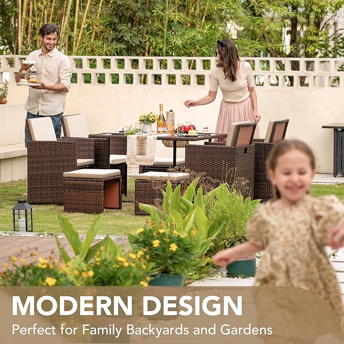 Devoko 9 Pieces Patio Dining Sets Outdoor Space Saving Rattan Chairs with Glass Table Patio Furniture Sets Cushioned Seating and Back Sectional Conversation Set (Beige)