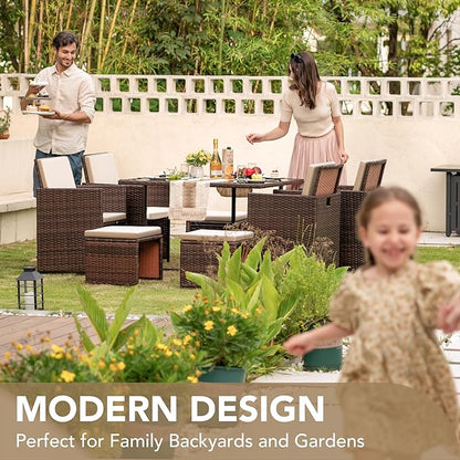 Devoko 9 Pieces Patio Dining Sets Outdoor Space Saving Rattan Chairs with Glass Table Patio Furniture Sets Cushioned Seating and Back Sectional Conversation Set (Beige)