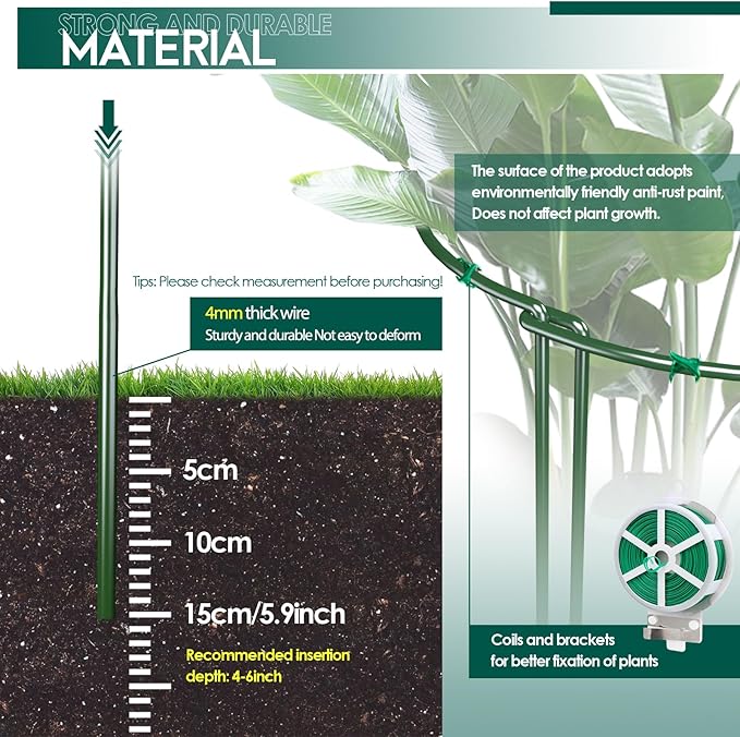 12 Pack 24 inch Plant Support Stakes, Half-Round Metal Garden Flower Stakes, Large Peony Support Ring and Cage for Indoor and Outdoor Plants, Hydrangea, Tomato, Rose, Monstera with Plant Ties