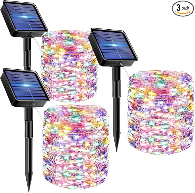 3 Pack Solar Fairy Lights for Outside Waterproof, 49FT/15M 150LED Solar String Lights Outdoor 8 Modes Solar Twinkle Lights for Garden Yard Christmas Tree Wedding Party Decor, Multicolor