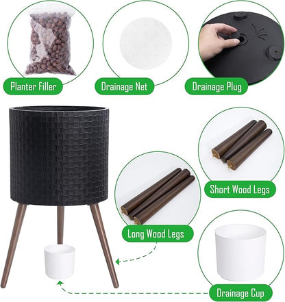 D'vine Dev 16 Inch Modern Geometric Tile Patterned Sleek Planter Pot with Stand, Indoor Outdoor Decorative Plant Holder, Matte Black, 88-Z-E-2