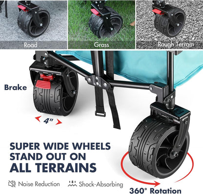 VILLEY Collapsible Folding Wagon with Big Wheels, All Terrain Beach Wagon Cart Heavy Duty Foldable, Enlarged 225lbs Capacity, Portable Utility Garden Cart with 2 Cup Holders and Brake, Blue