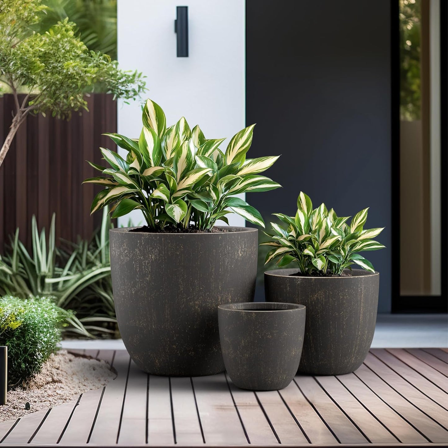 Kante 18",14",10" Dia Concrete Round Planters (Set of 3), Outdoor Indoor Large Planter Pots with Drainage Hole and Rubber Plug for Home Patio Garden, Oil Rubbed Bronze