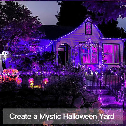 suddus Halloween String Lights Solar Powered, 2 Pack Total 66ft 200 LED Purple Solar Light Outdoor Waterproof, 8 Modes Purple Halloween Lights for Porch Tree Garden Patio Yard Party Decorations