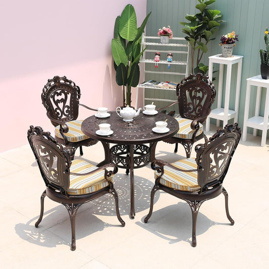 Outdoor Table Cast Aluminum Round Patio Table with Umbrella Hole All Weather Outdoor Dining Tables for Lawn Garden Backyard (90cm Round Tables with Slanted Lattice)